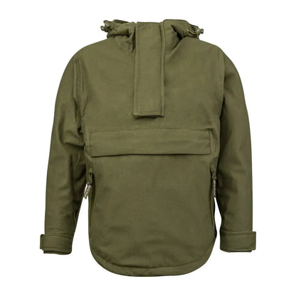 Olive green Olive Galbraith Smock with front pocket, perfect for kids’ outdoor adventures