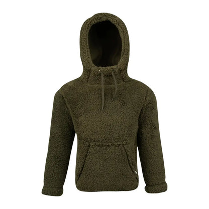 Olive green Jack Pyke Junior Sherpa fleece hoodie with front pocket and drawstring hood