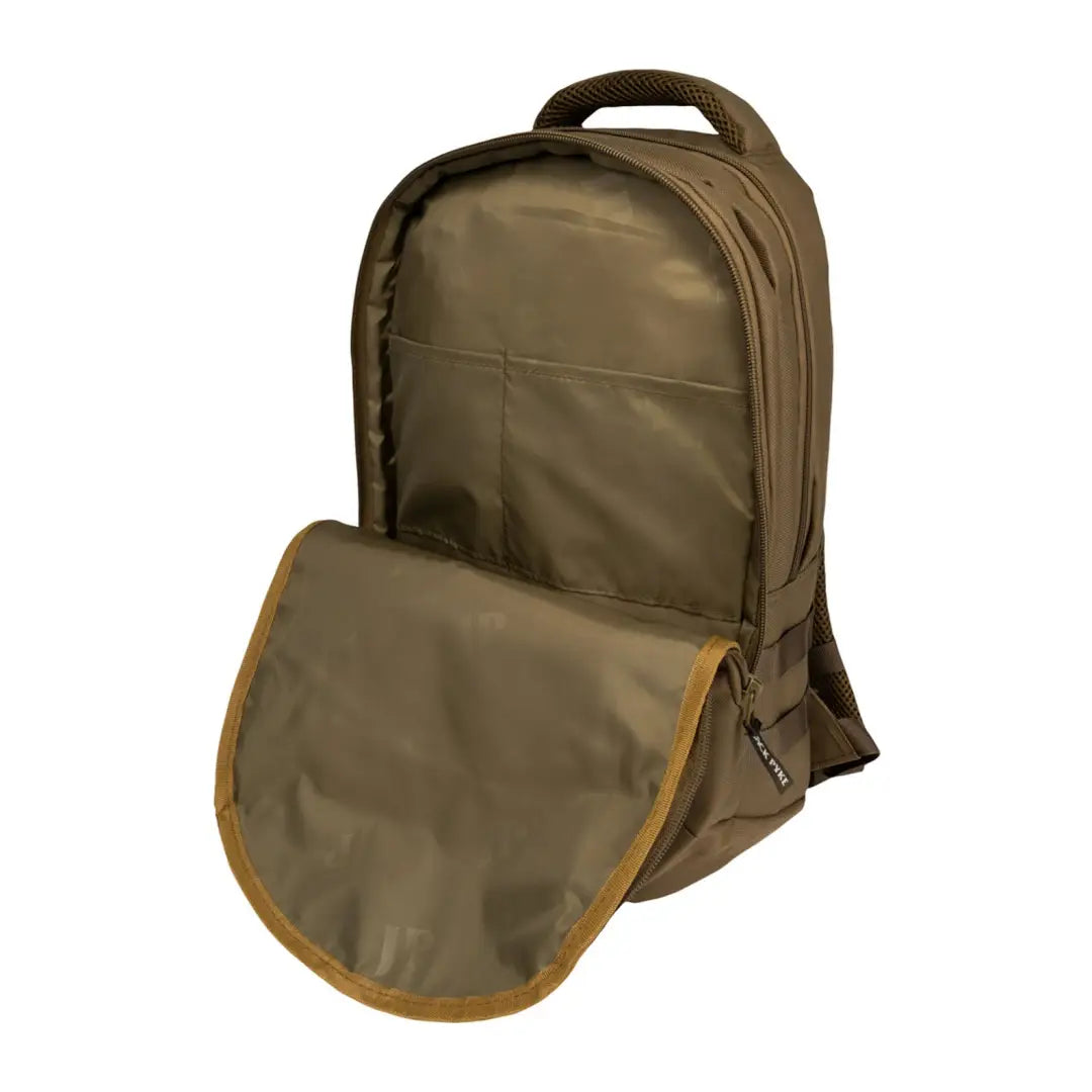 Olive green Jack Pyke Kestrel Rucksack with yellow trim and open front pocket