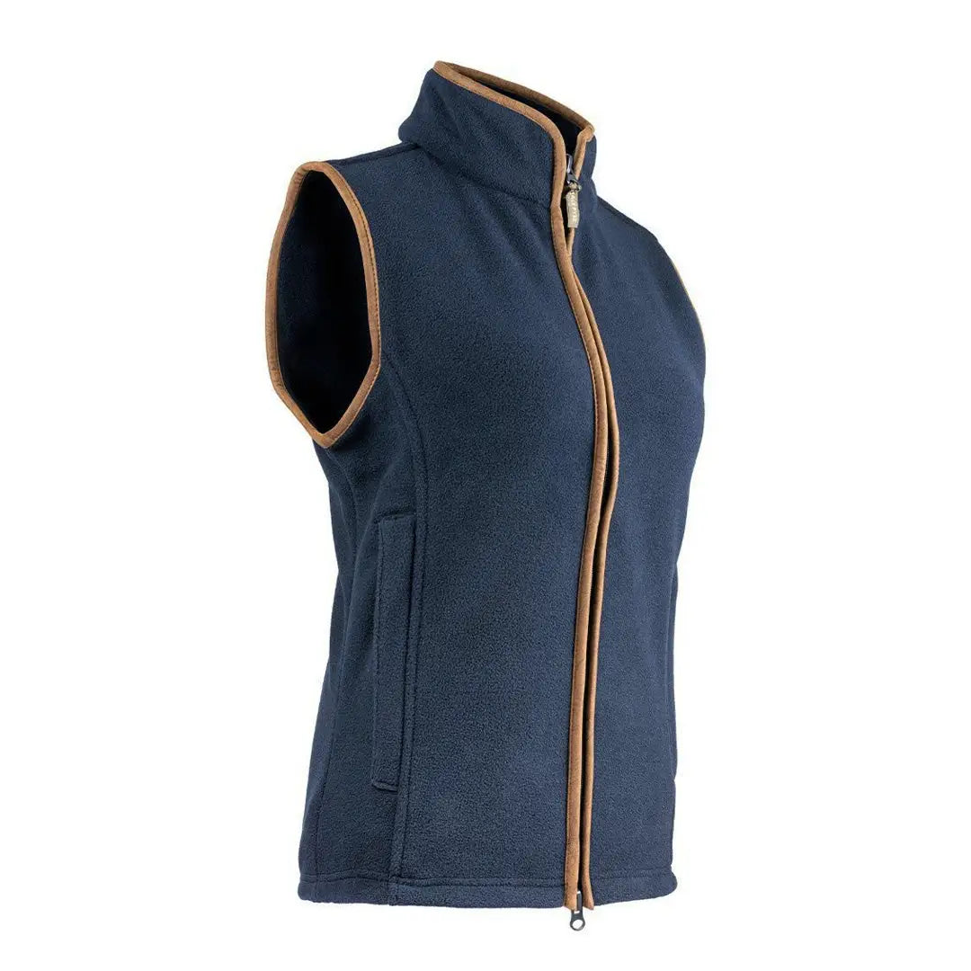 Navy blue sleeveless Jack Pyke Ladies Countryman Fleece Gilet with brown trim and zipper