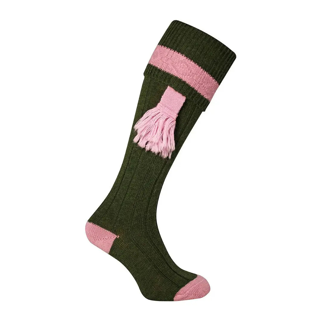 Long green Jack Pyke Ladies Shooting Socks with pink accents and decorative tassel