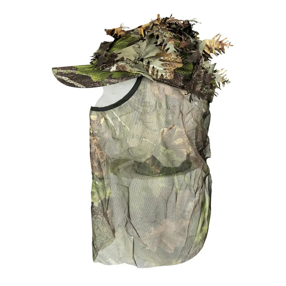 Camouflage Jack Pyke LLCS 3D Baseball Cap with mesh face cover and leafy attachments