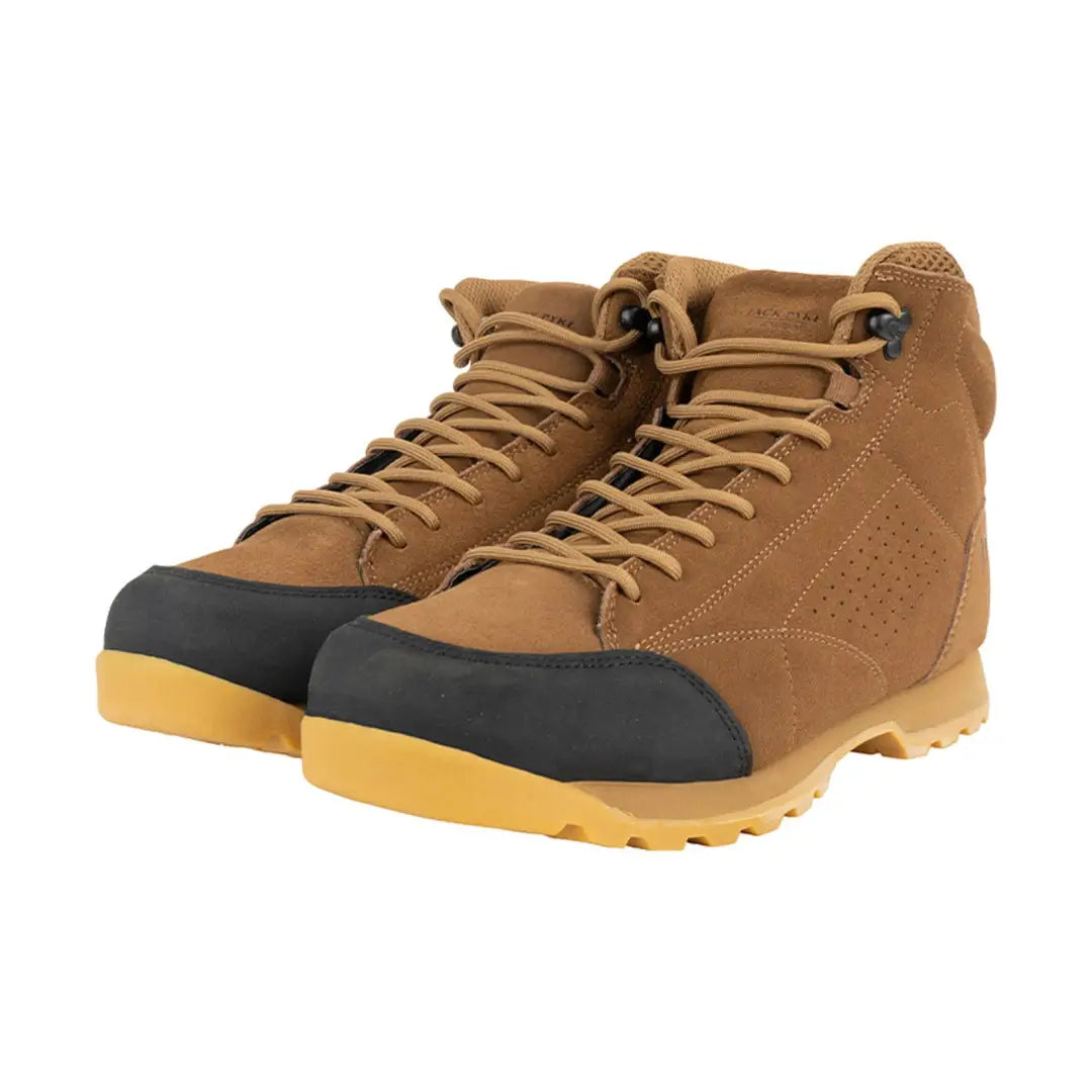 Tan Jack Pyke Lowland Boots with black caps and yellow soles, perfect for hiking adventures