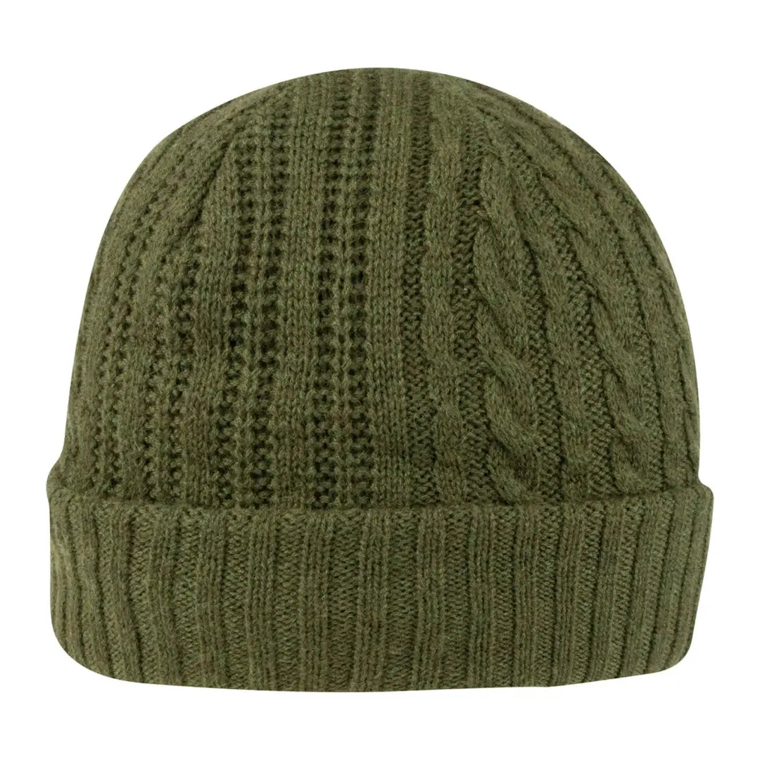 Olive green Jack Pyke Merino Wool Beanie with cable and ribbed patterns