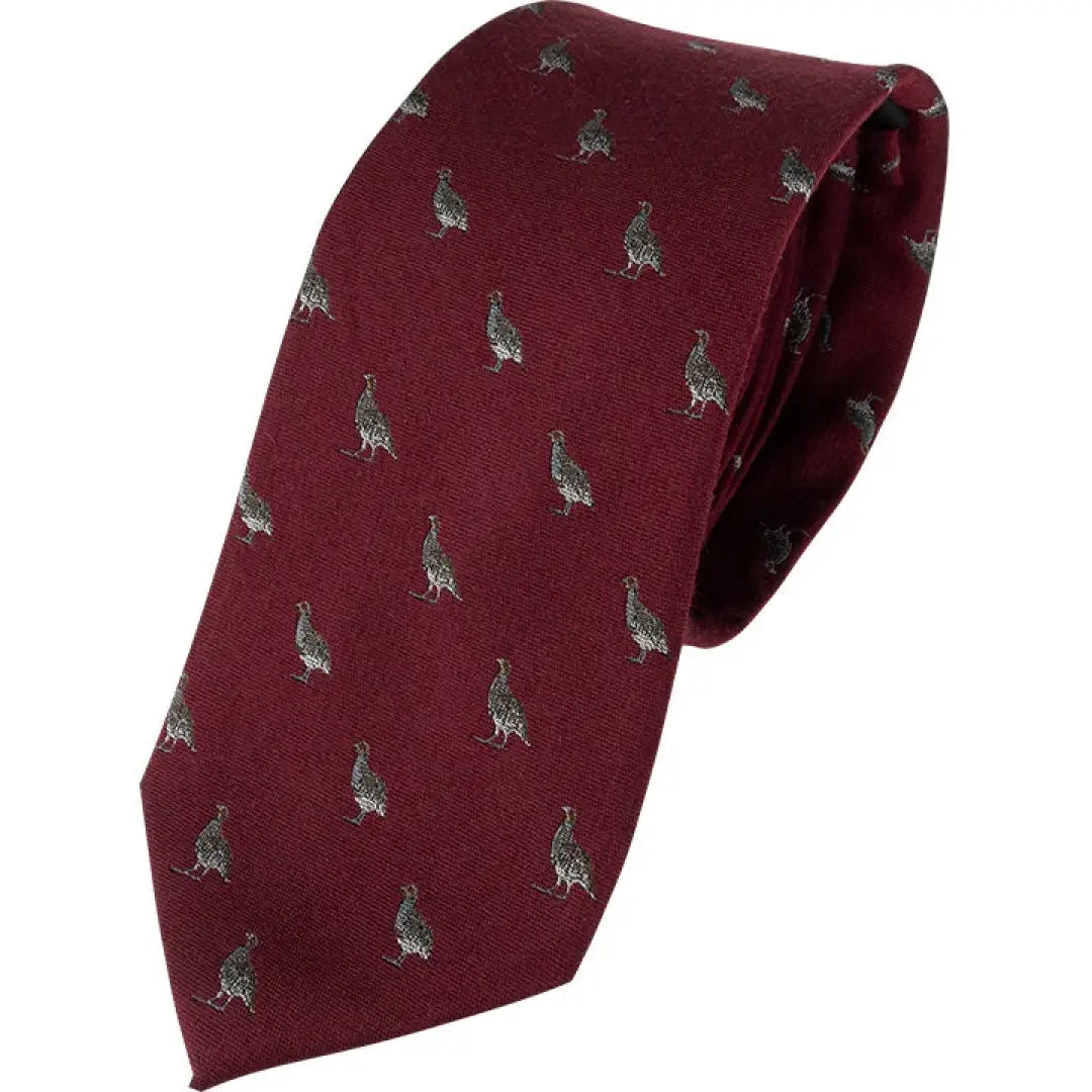 Burgundy Partridge Silk Tie with gray partridges pattern for stylish looks