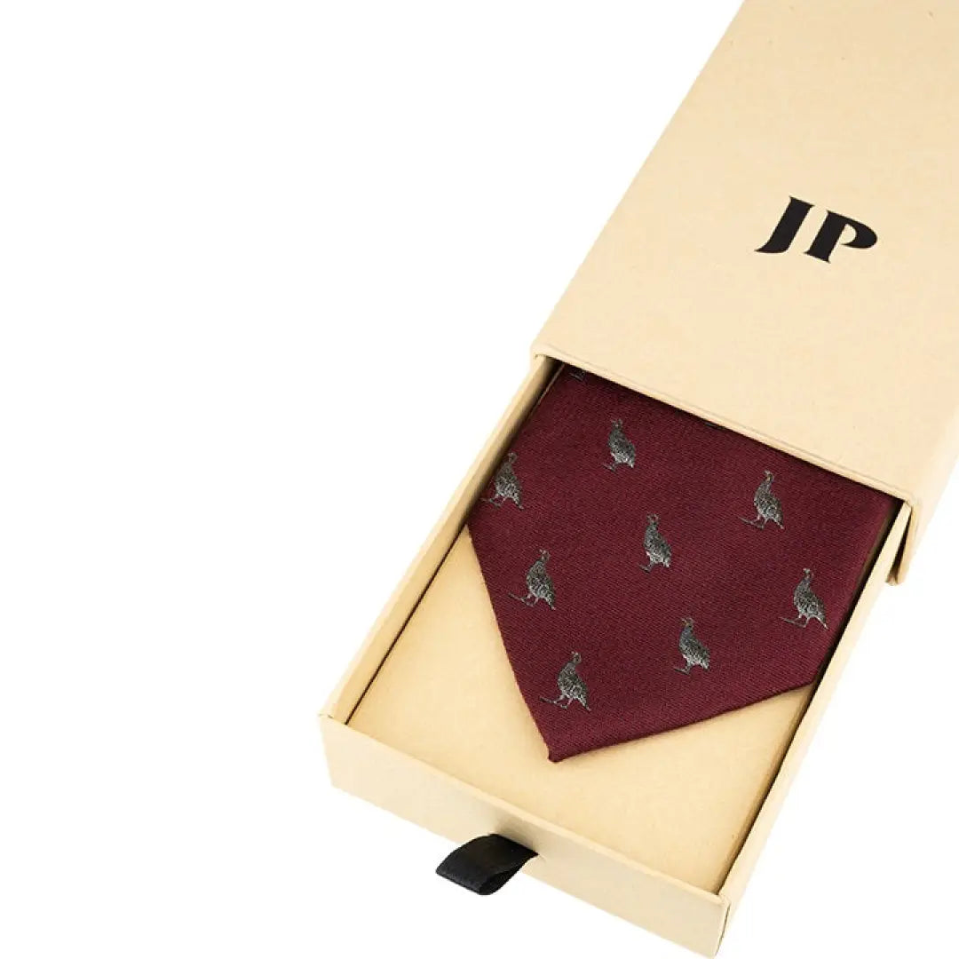 Burgundy Partridge Silk Tie with gray bird pattern in a chic beige gift box