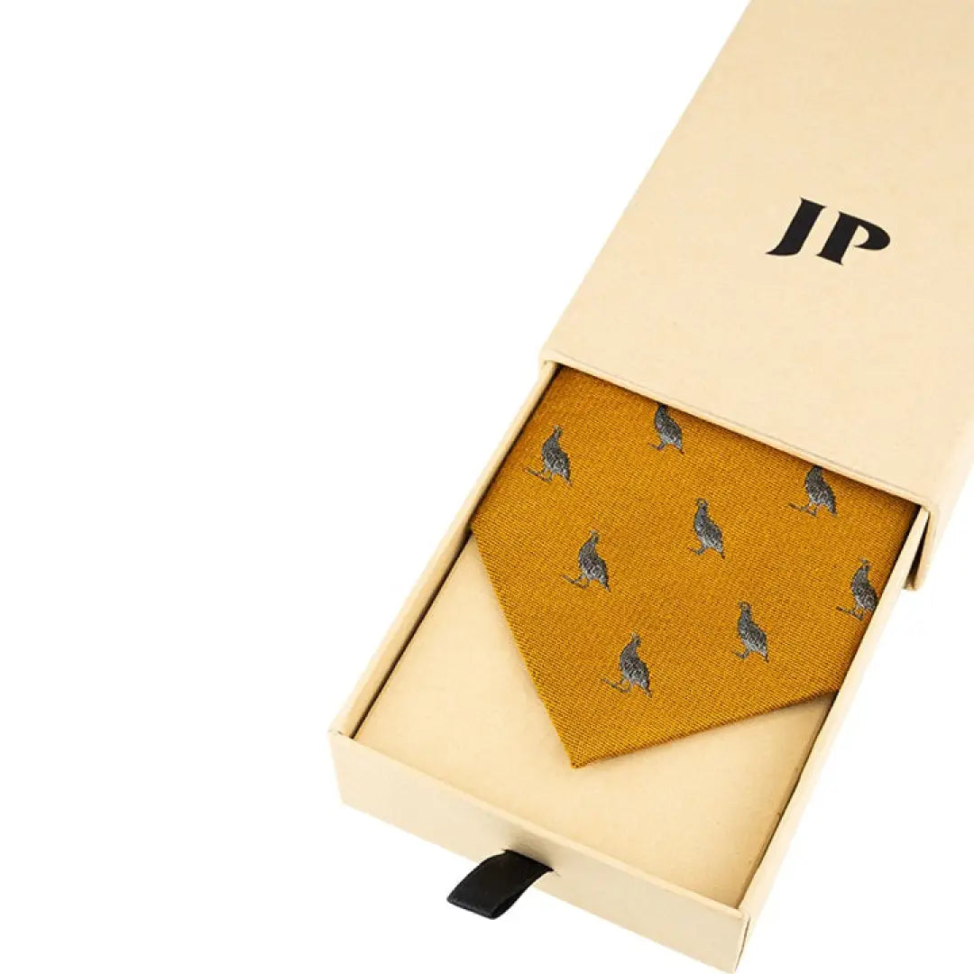 Gold Jack Pyke Partridge Silk Tie with gray kangaroo patterns in a gift box