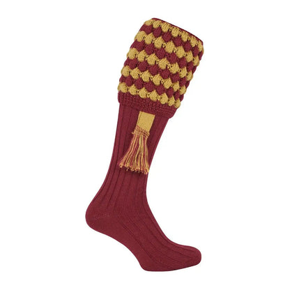 Burgundy and gold knit sock with tassel, perfect Jack Pyke Pebble Shooting Socks style