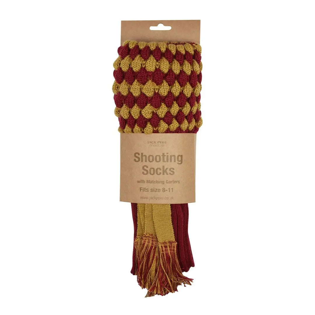 Jack Pyke Pebble Shooting Socks in burgundy and gold with stylish tassels