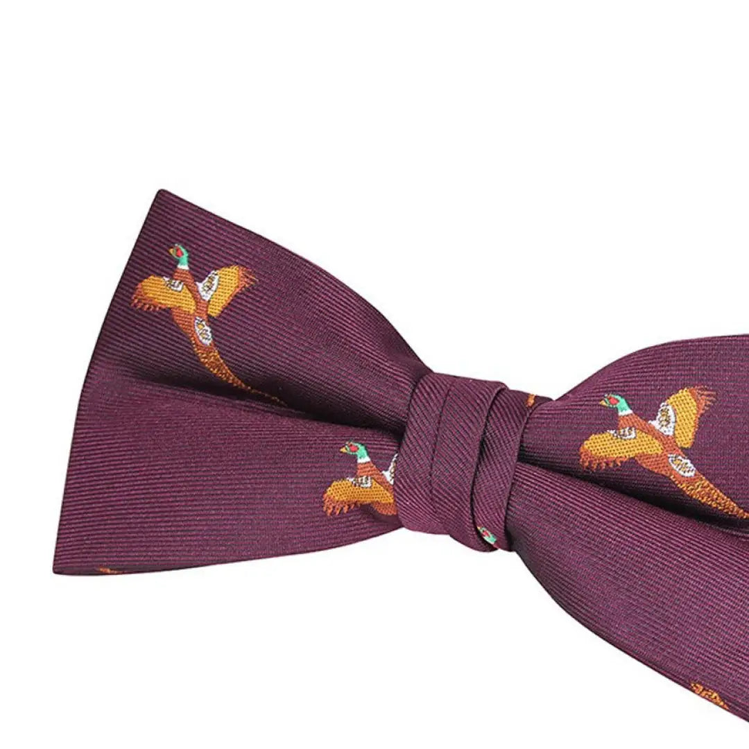 Burgundy bow tie from Jack Pyke featuring stylish embroidered pheasant designs