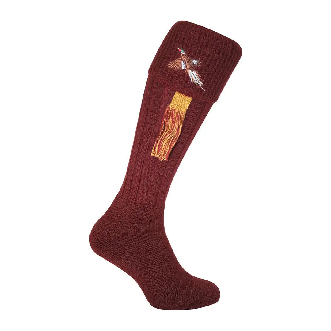 Maroon knee-high Jack Pyke Pheasant Shooting Socks with whiskey bottle design