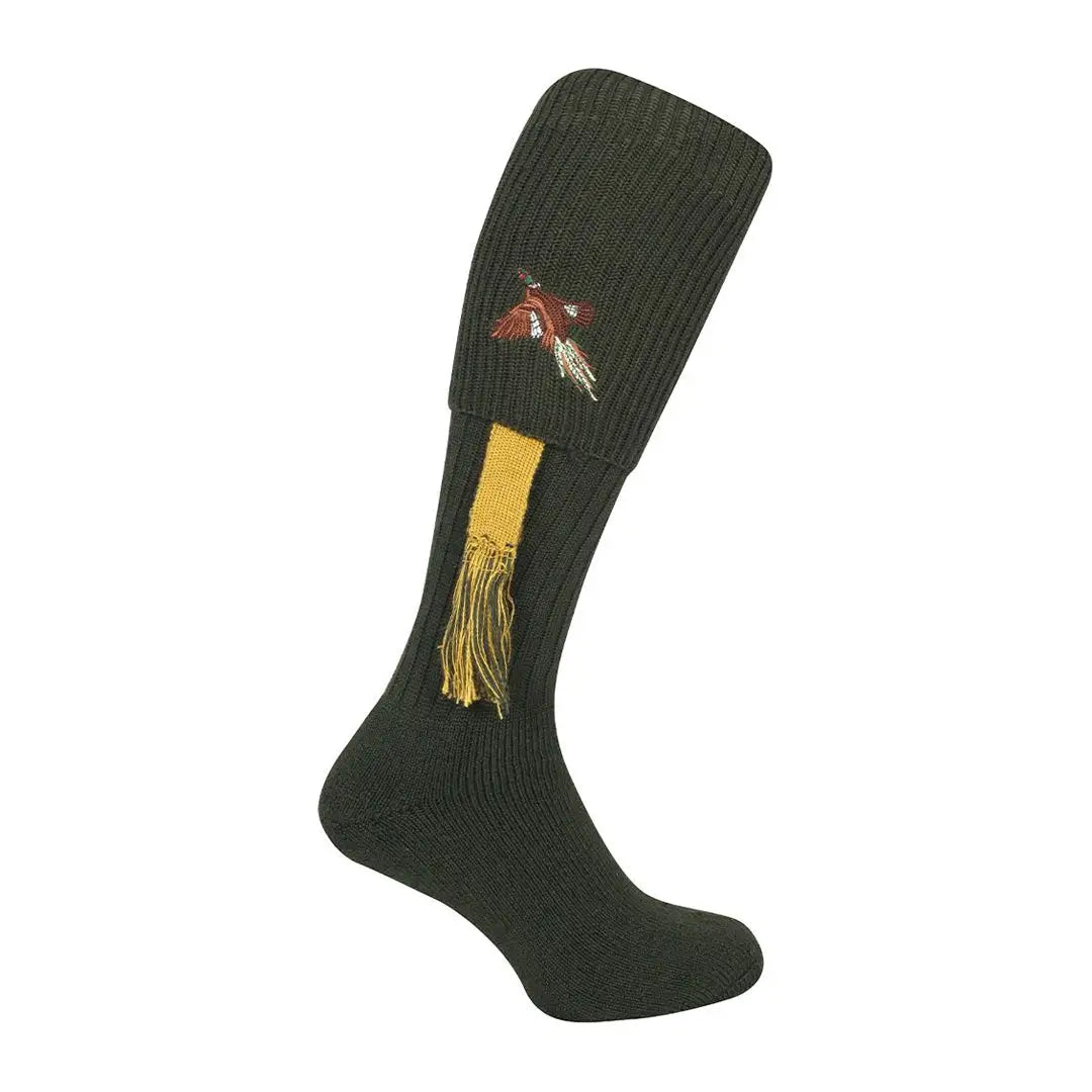 Dark green Jack Pyke Pheasant Shooting Socks with embroidered pheasant and tassel designs