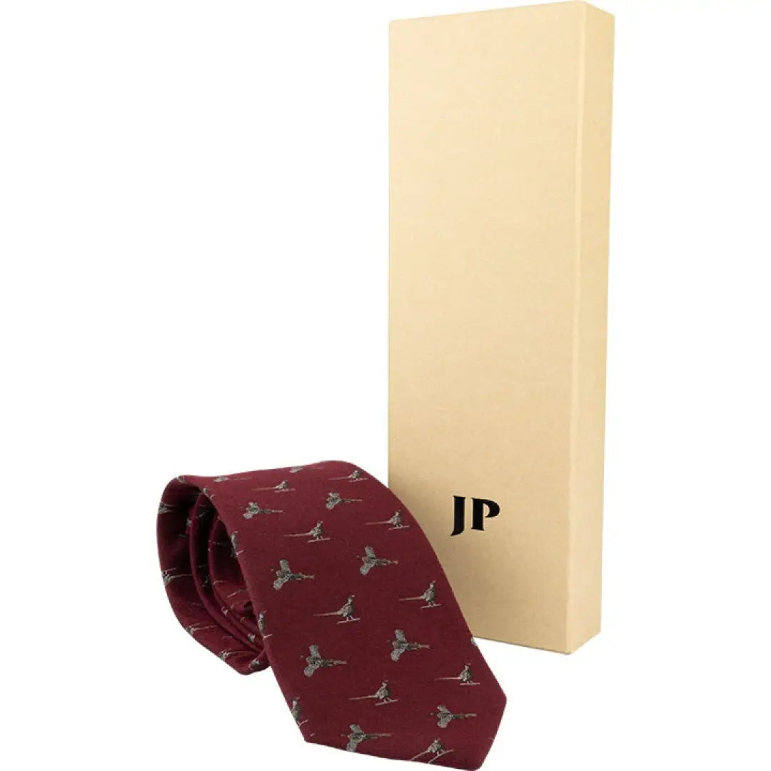 Burgundy silk tie with small gray birds in a textured woven design by Jack Pyke