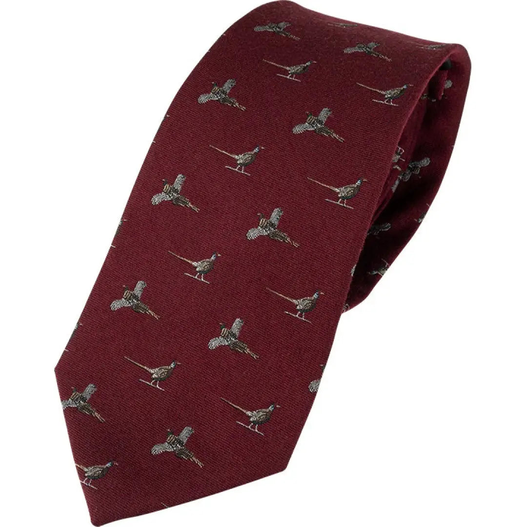 Burgundy silk tie with gray pheasants and birds, featuring a textured woven design by Jack Pyke