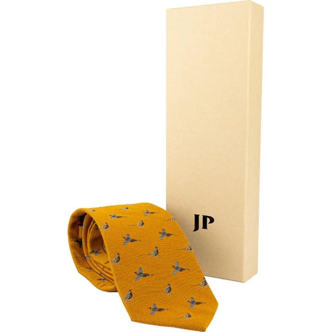 Yellow silk tie with blue bird pattern and textured woven design by Jack Pyke