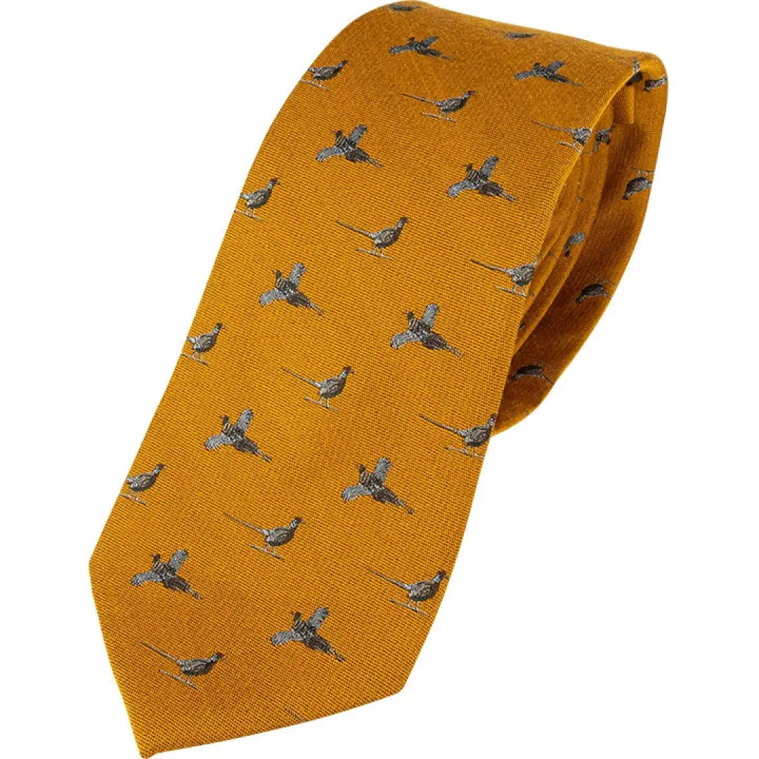 Mustard yellow Jack Pyke silk tie featuring a textured woven design with flying birds