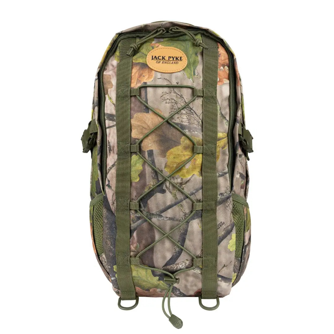 Camouflage Jack Pyke Rifle Rucksack with green straps and logo for outdoor adventures