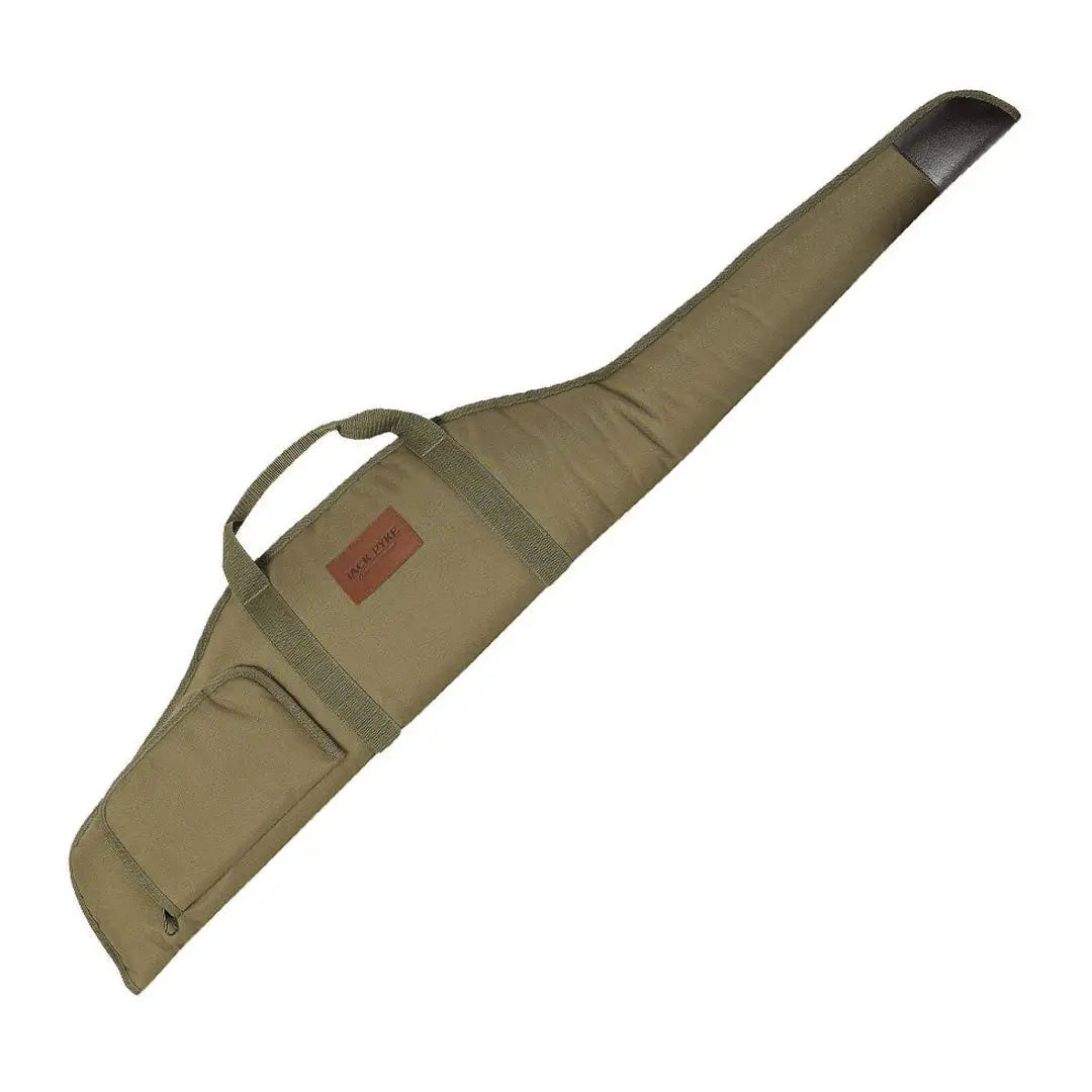 Olive green Jack Pyke rifle case with handle and leather patch for easy carrying