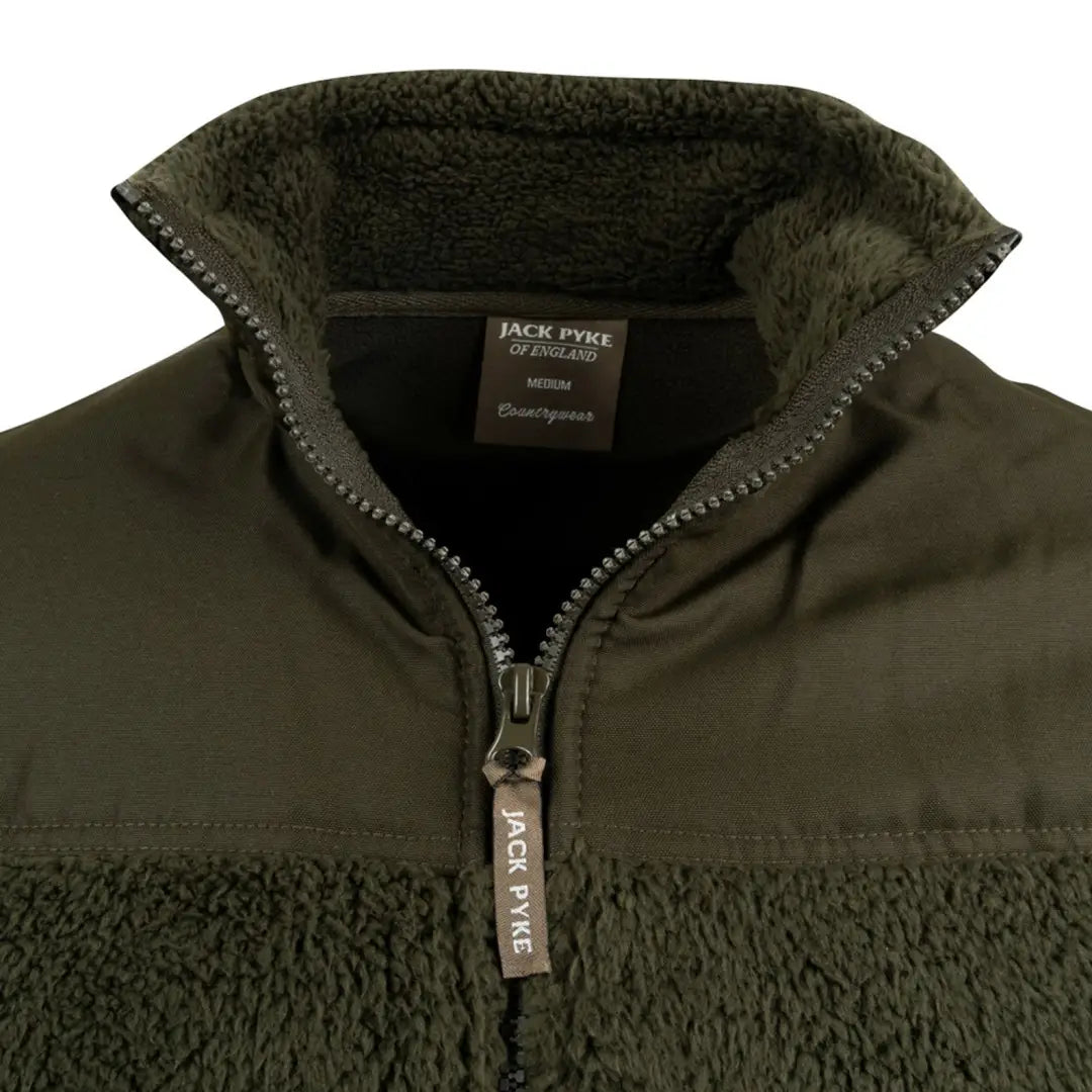 Olive green Jack Pyke Sherpa fleece jacket with zippered front and high collar