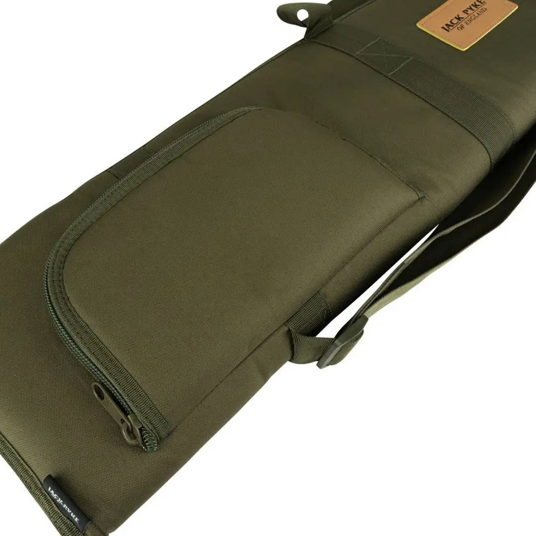 Olive green leather drumstick bag with strap, perfect for Jack Pyke Shotgun use