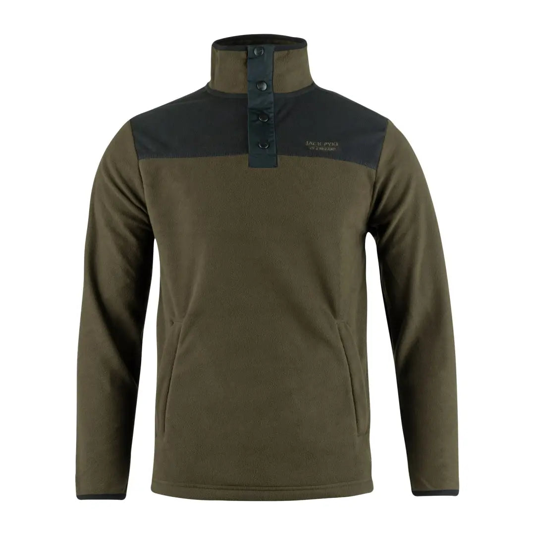 Olive green and black Jack Pyke Snap Neck Fleece Top with high collar and snap buttons