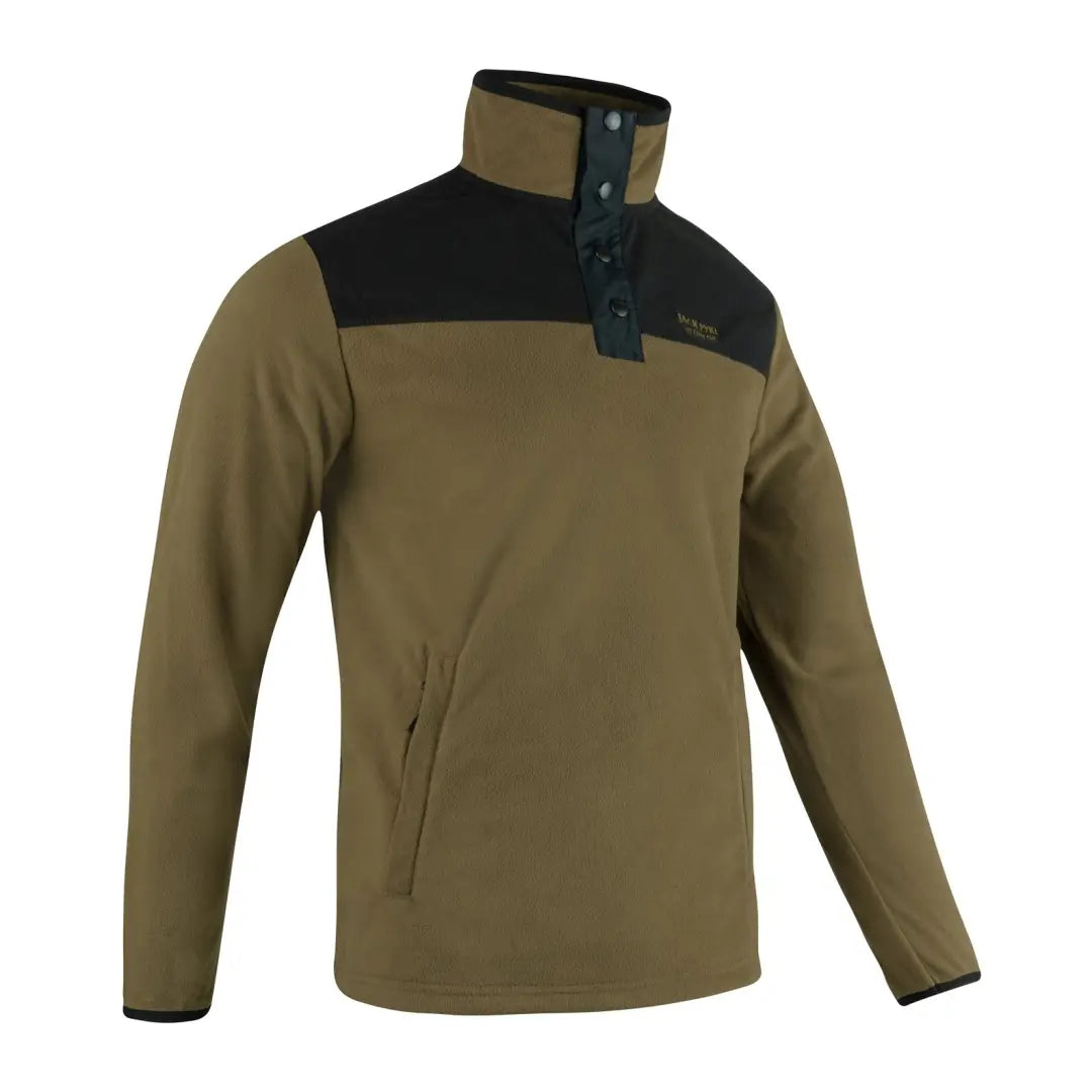 Olive green Jack Pyke Snap Neck Fleece Top with black shoulder panel and high collar