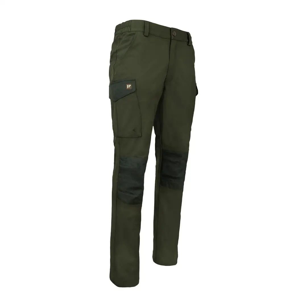 Dark green Jack Pyke Softshell Trousers with reinforced knees and press stud cargo pockets