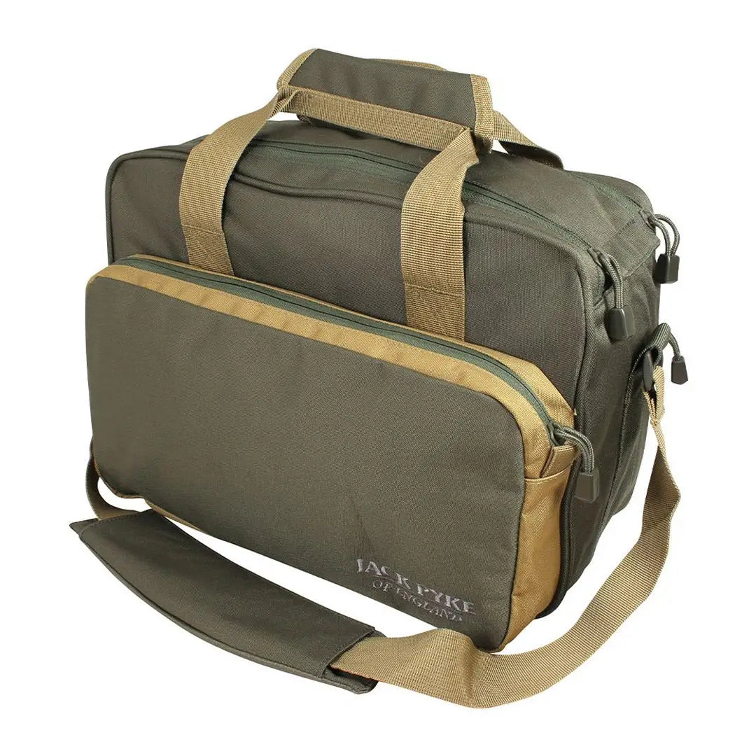 Olive green and tan Jack Pyke Sporting Shoulder Bag with compartments and strap