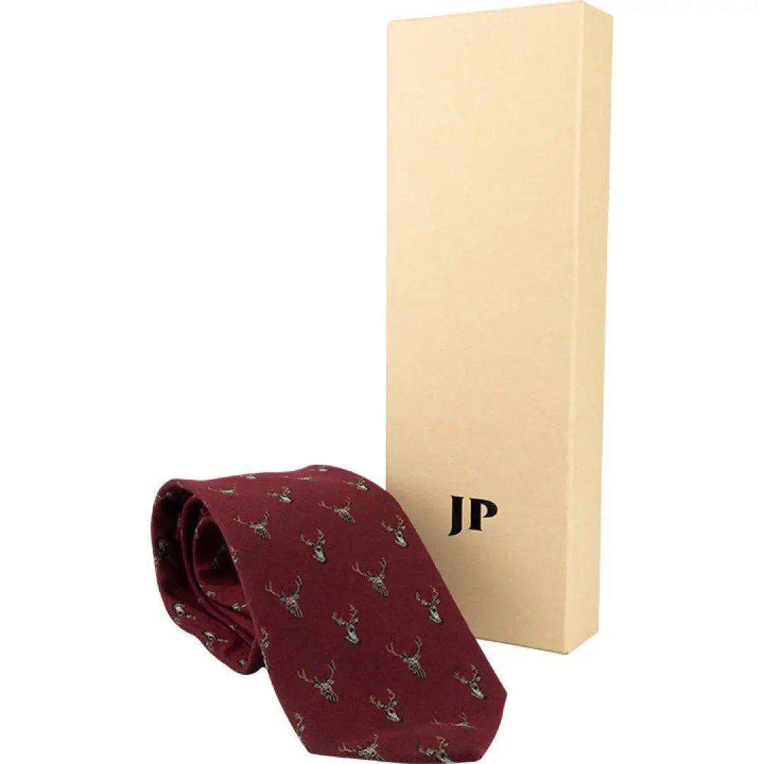 Burgundy Jack Pyke Stag Silk Tie featuring small gray stag head pattern