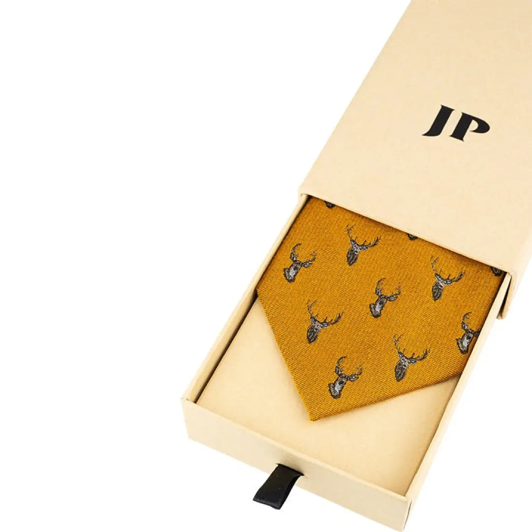 Mustard yellow Jack Pyke Stag silk tie with deer head pattern in a gift box