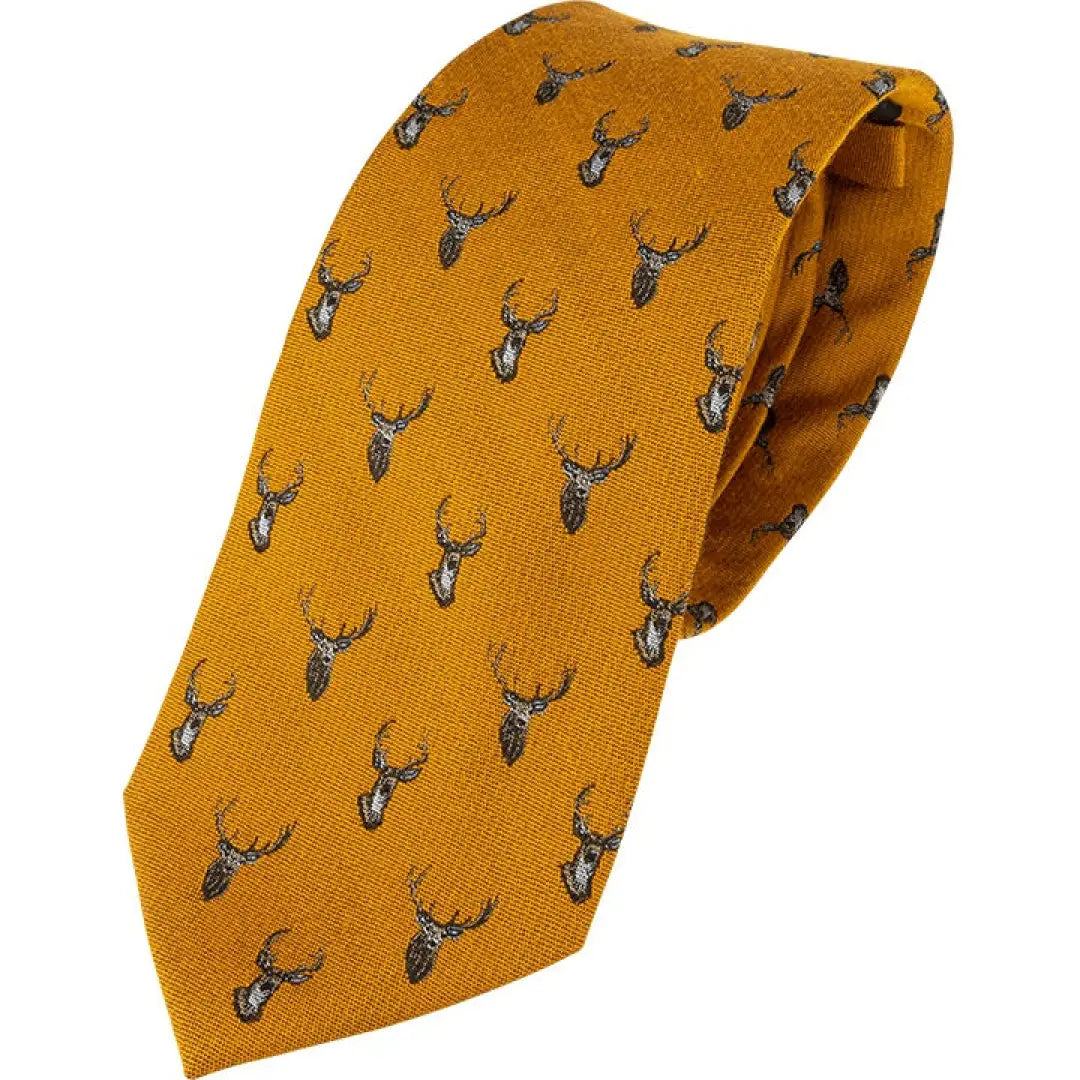 Mustard yellow silk tie featuring deer head silhouettes, perfect for Jack Pyke fans