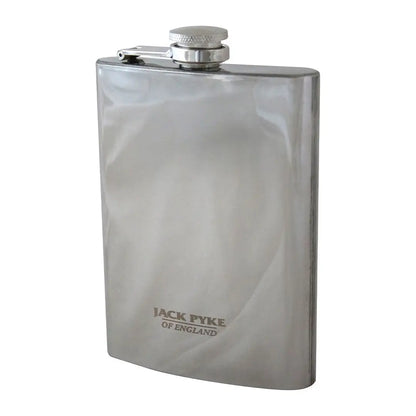 Stainless steel hip flask engraved with Jack Pyke of England for outdoor adventures