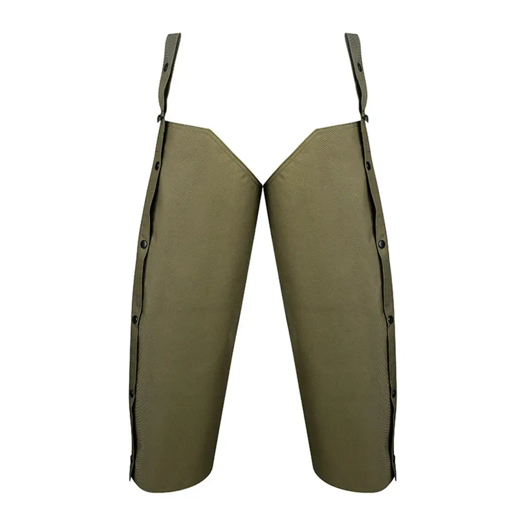 Pair of Jack Pyke Waterproof Chaps in olive green with adjustable straps for leg protection