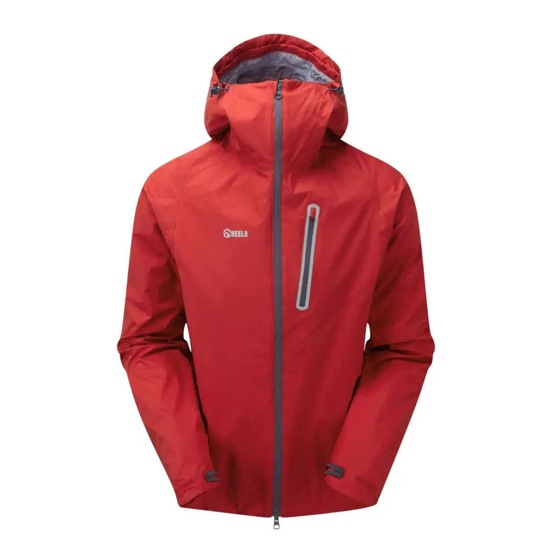 Red waterproof Keela Cairn Jacket with hood and zippered pocket, perfect for outdoor adventures