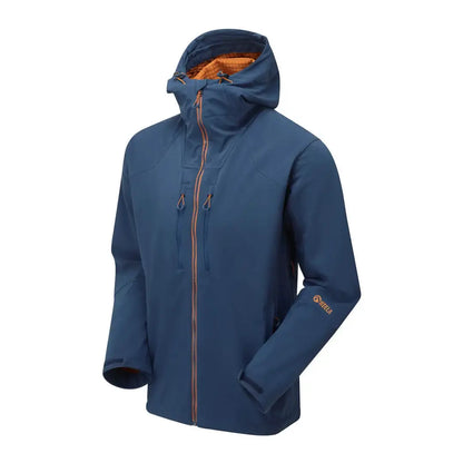 Blue Keela Hydron Softshell Jacket with orange zipper and trim details