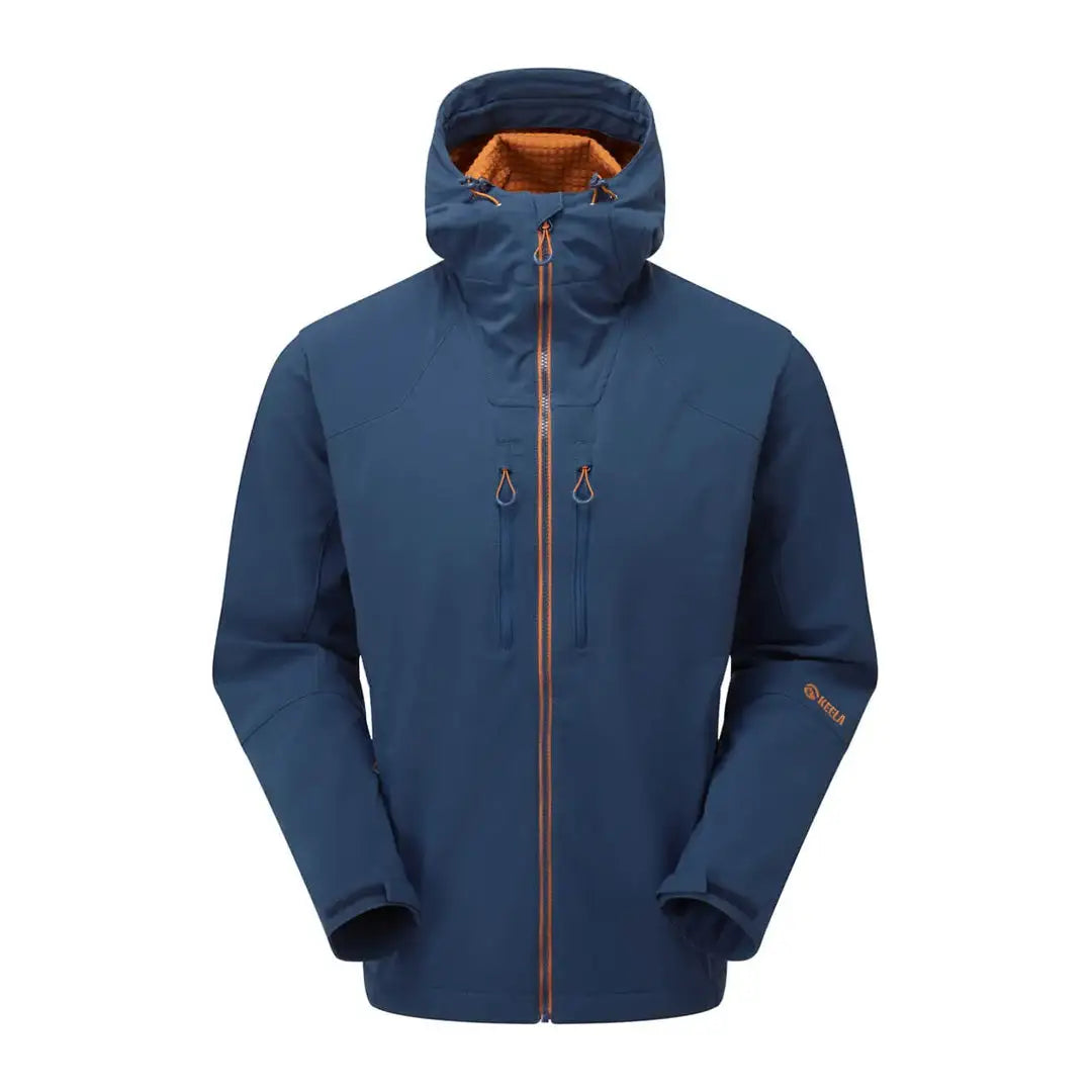 Blue Keela Hydron Softshell Jacket with orange zipper and lining for winter vibes