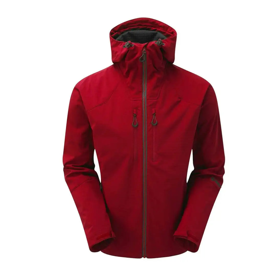 Red hooded waterproof Keela Hydron Softshell jacket with full-length zipper