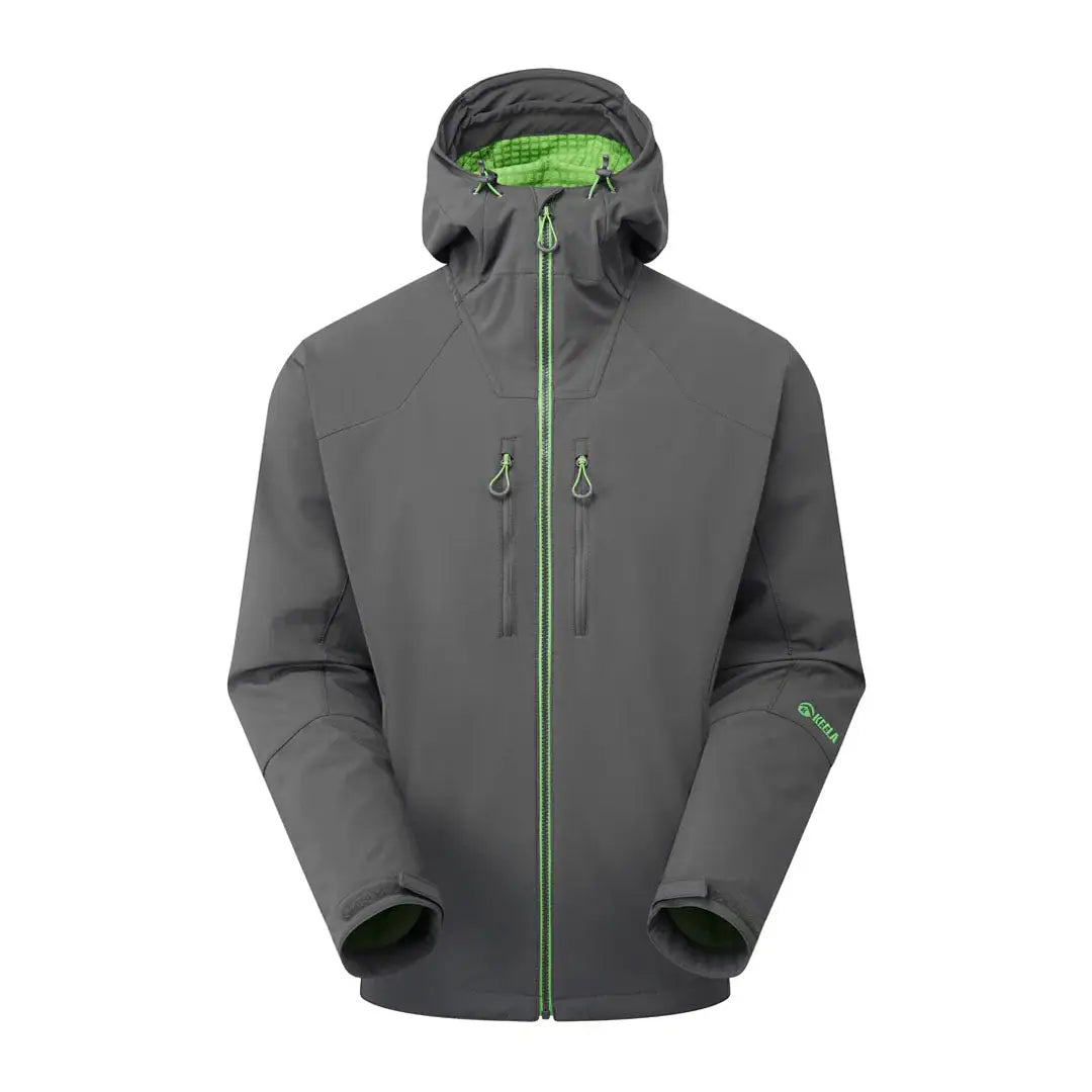 Gray hooded Keela Hydron Softshell Jacket with green zipper and accents