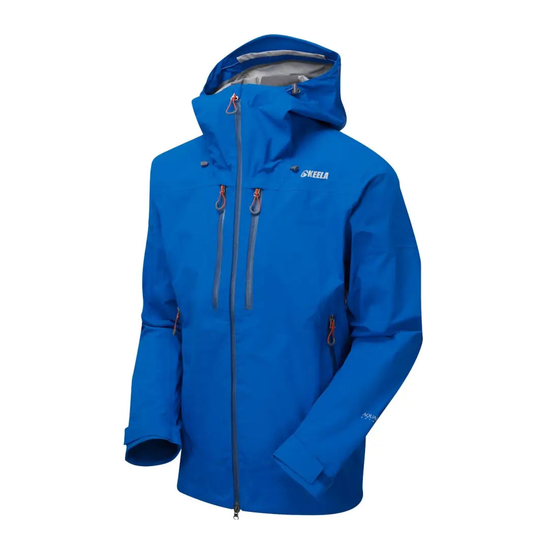 Bright blue Keela Pinnacle Jacket made with Aquaflex Extreme fabric and a hood