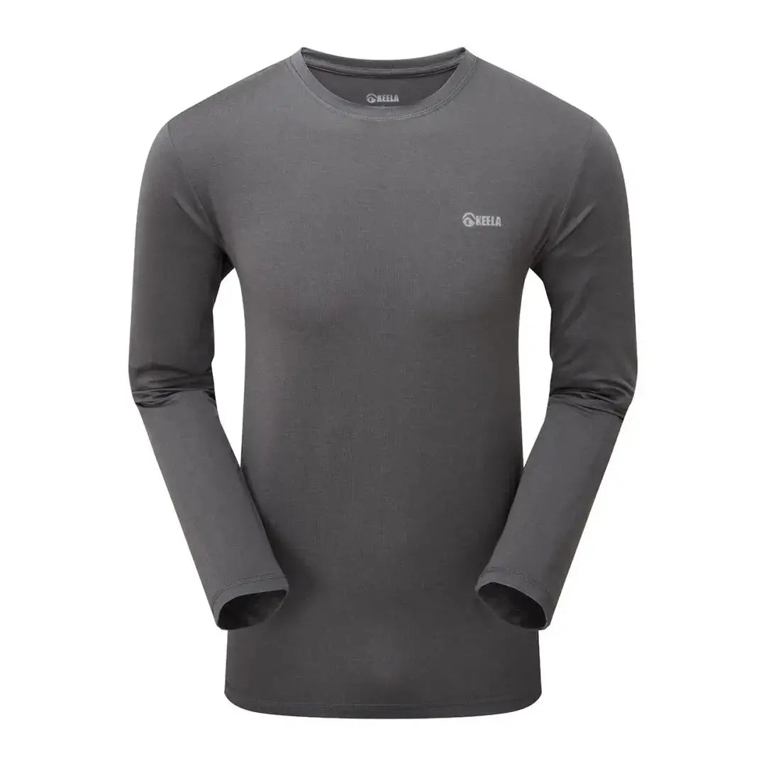 Gray long-sleeved athletic shirt, Keela Trail Top, with wicking base layer and Polygiene Viraloff™