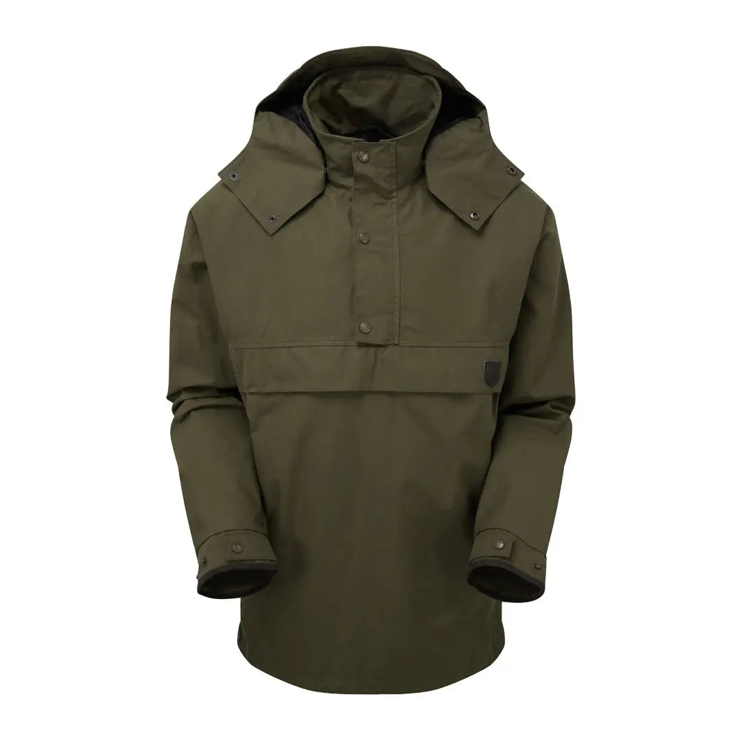 Olive green Keela Ventile Heritage Smock with hood, front buttons, and half-zip design