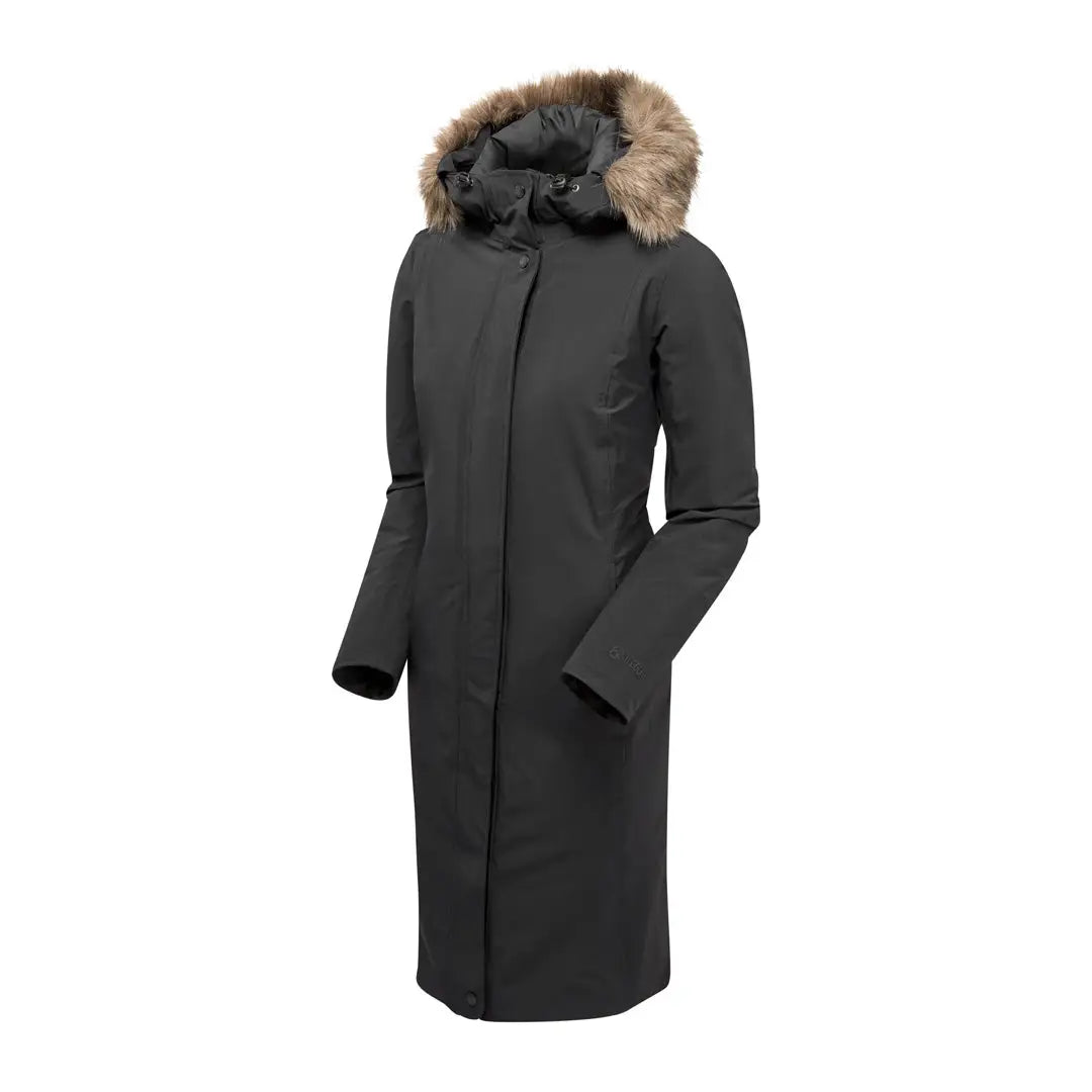 Long dark gray Keela Womens Crofter Parka with fur-trimmed hood perfect for country clothing