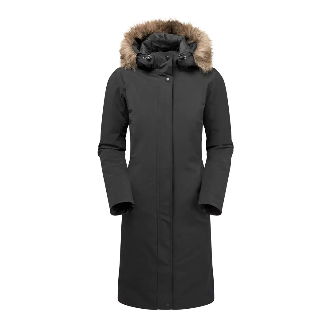 Long black Keela Womens Crofter Parka with fur-trimmed hood, perfect for country clothing