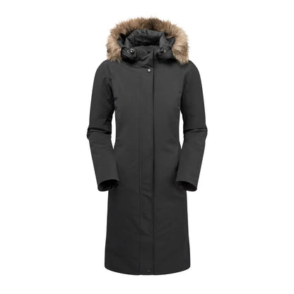 Long black Keela Womens Crofter Parka with fur-trimmed hood, perfect for country clothing