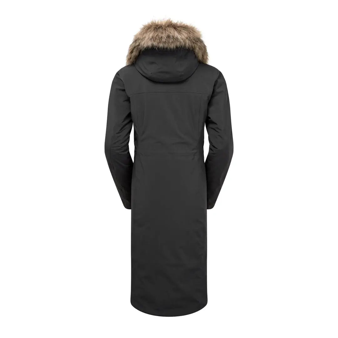 Long black winter coat with fur-trimmed hood, perfect for the Keela Crofter Parka style