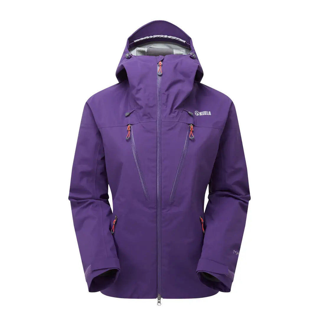 Purple waterproof Keela Womens Pinnacle Jacket with pockets and hood for all-weather adventures