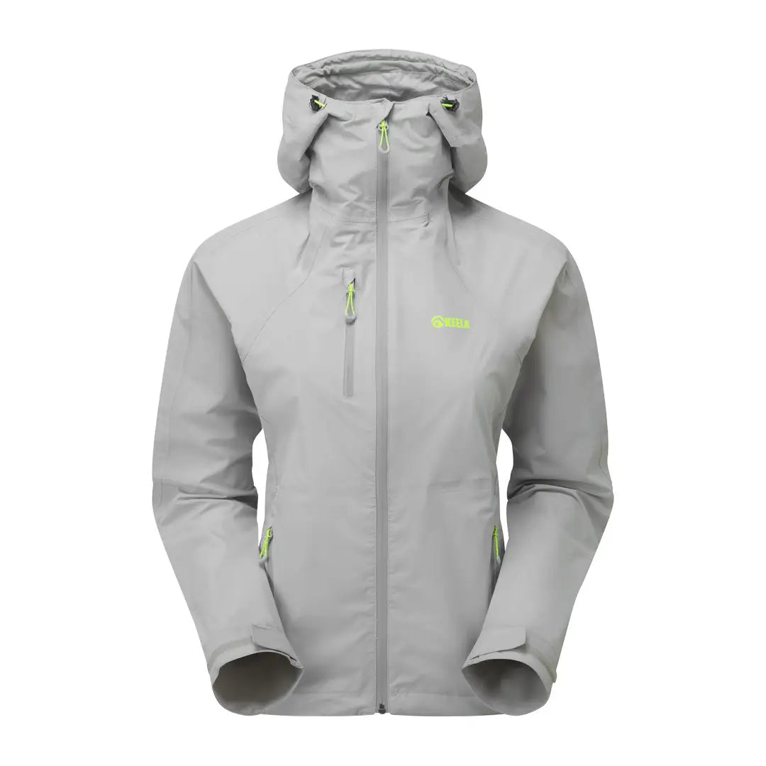 Light gray Keela Womens Storm Jacket with neon green accents and stylish zippers