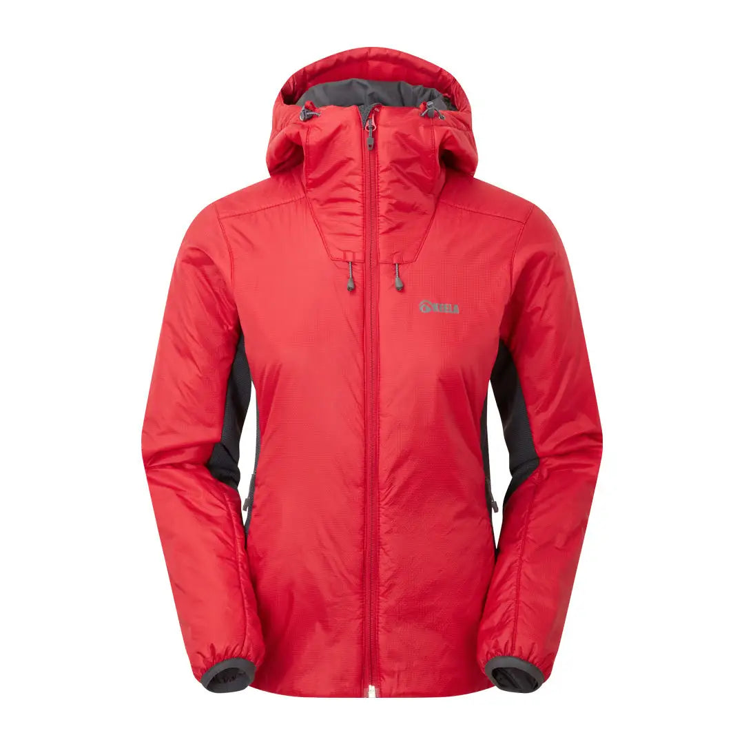 Red hooded waterproof Keela Womens Talus Primaloft Jacket with black side panels