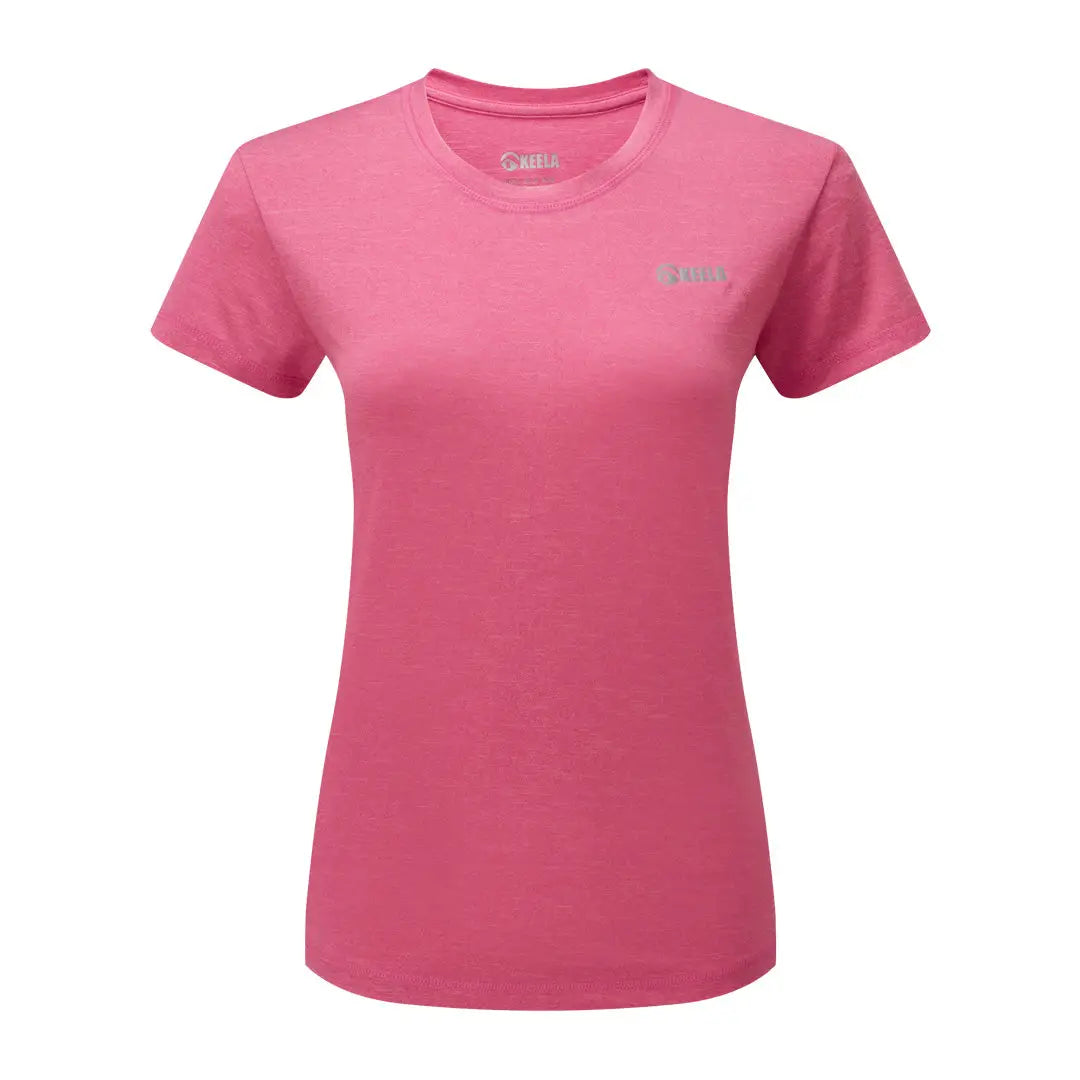 Pink short-sleeved Keela Womens Trail Top with a logo, perfect wicking base layer with Polygiene Viraloff™ treatment