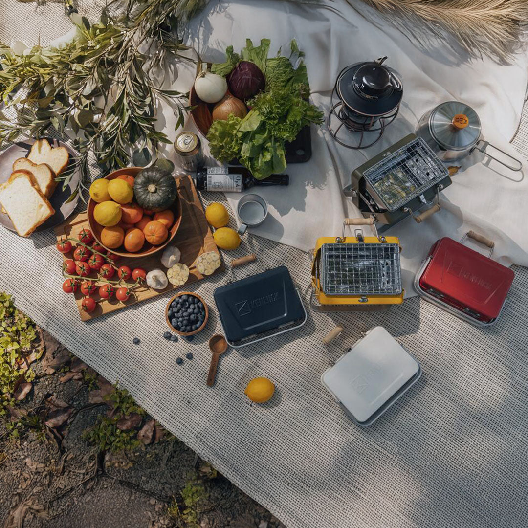 Colorful picnic spread featuring the Kenluck Mini Grill for fun outdoor BBQs